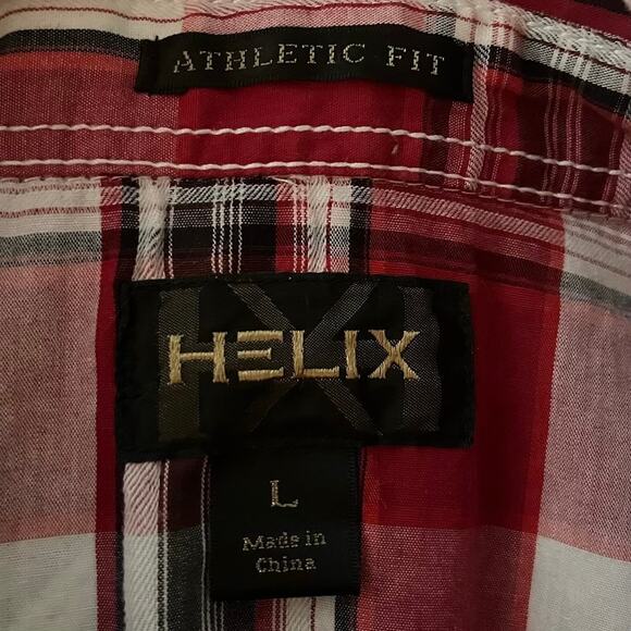 Helix Red Plaid Shirt Athletic Fit Roll L Tab Sleeves Embroidered Country Cherry - Picture 5 of 10